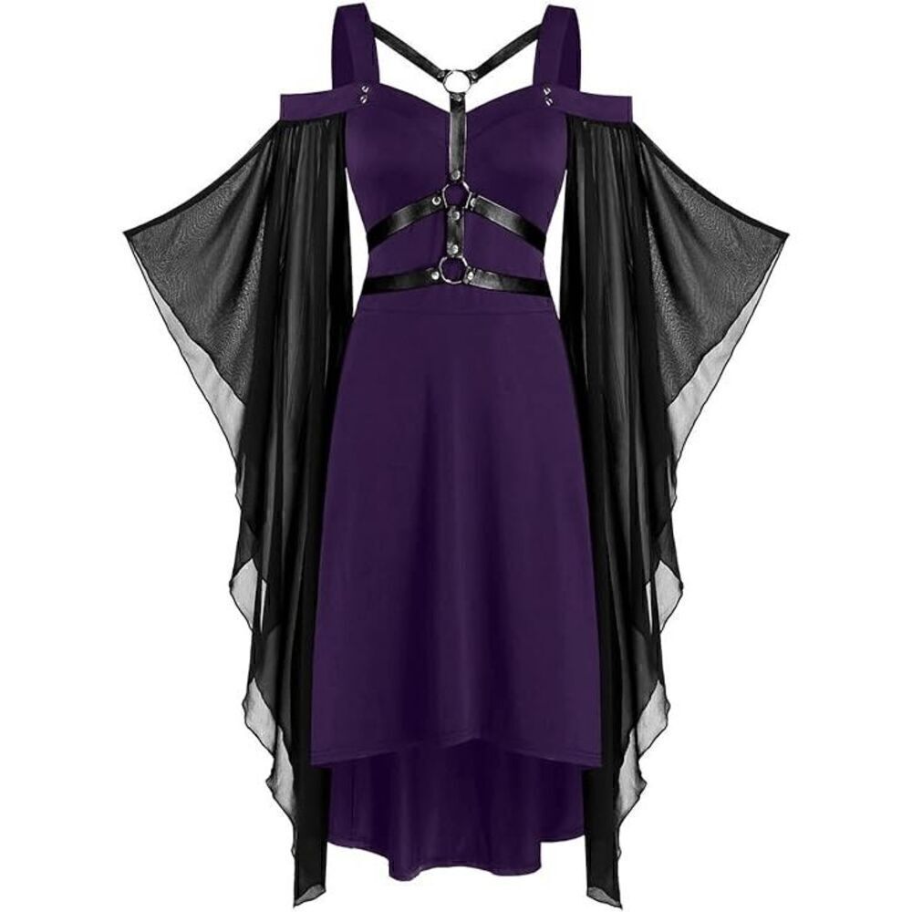 💜 Gothic Harness Cold Shoulder Butterfly Sleeves Cosplay Purple Dress Sz 8 NWT